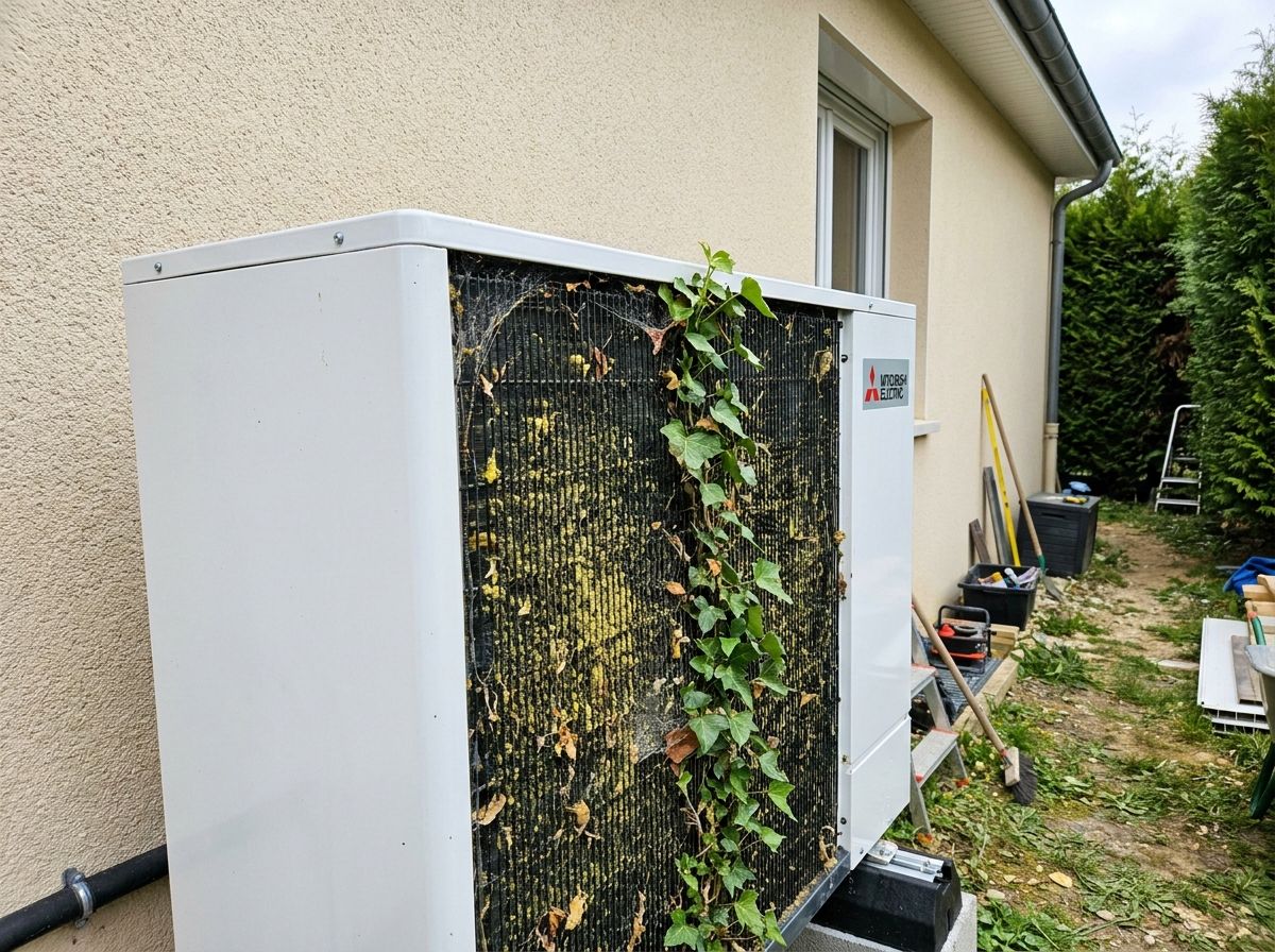 Avant : batterie arrière de l'unité Mitsubishi couverte de pollen, de feuilles et de lierre
