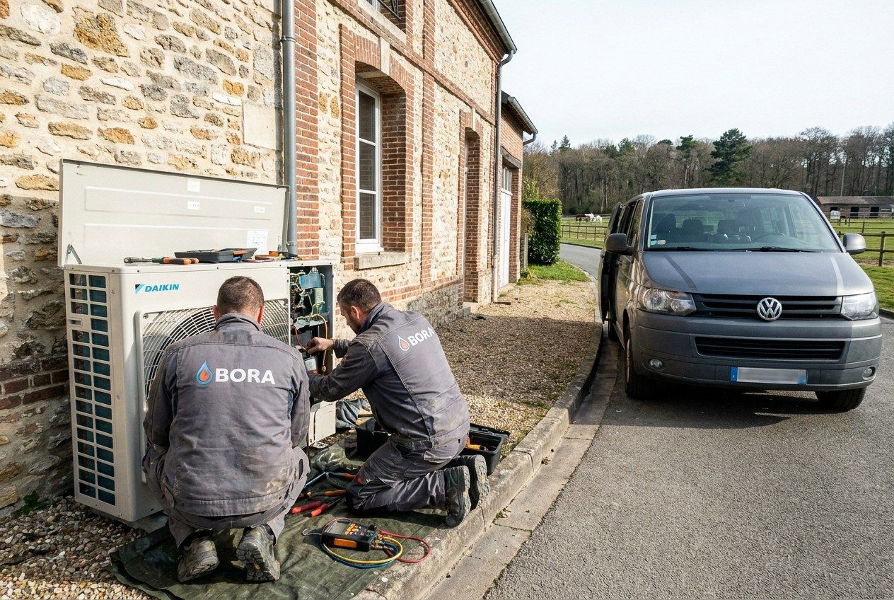 Deux techniciens Bora en veste grise à genoux devant une unité Daikin contre un mur en pierre