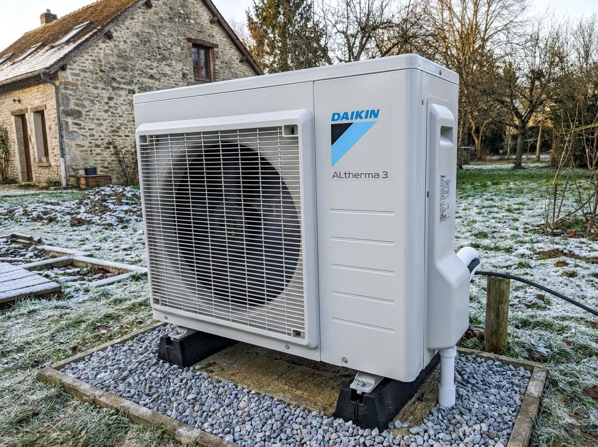 Après : unité extérieure Daikin Altherma 3 dégivrée, posée sur graviers, devant une maison en pierre
