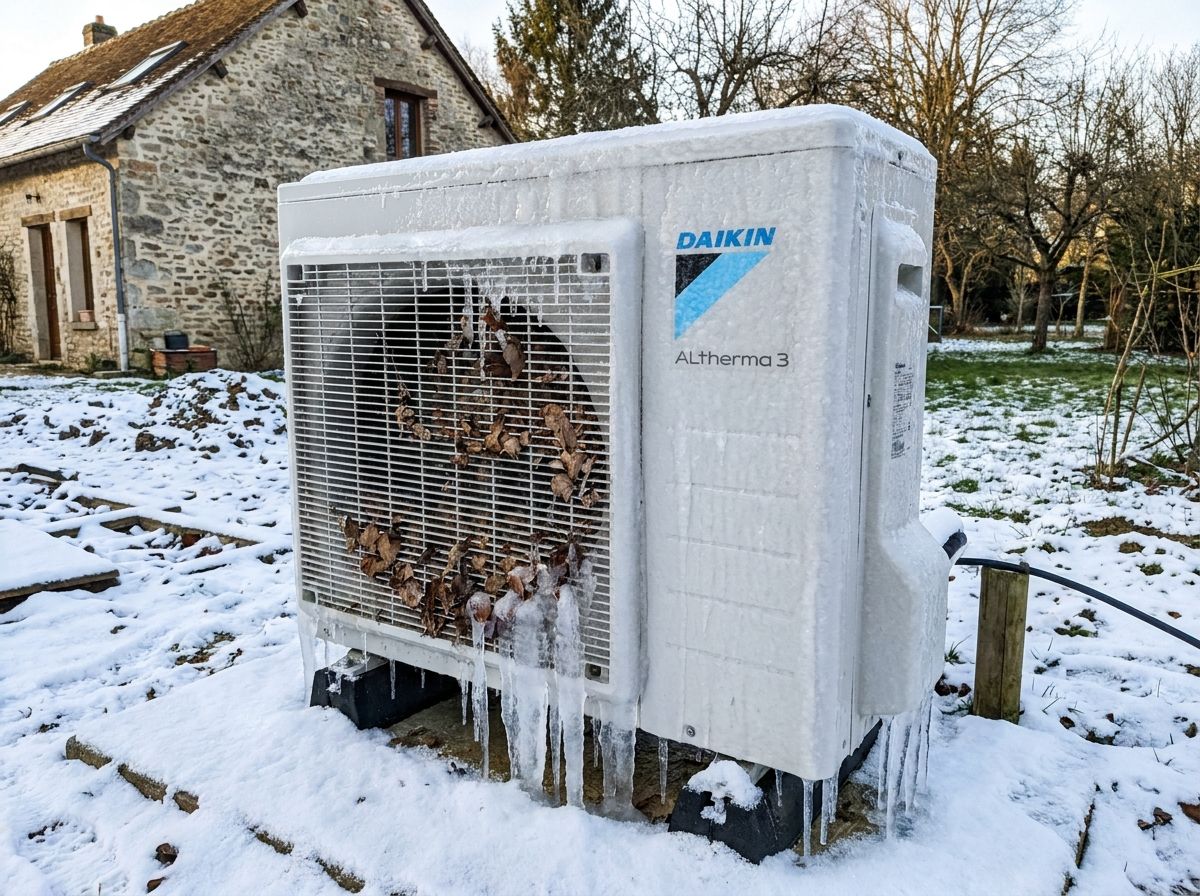 Avant : unité Daikin Altherma 3 prise dans la glace avec des feuilles collées sur la grille, dans un jardin enneigé