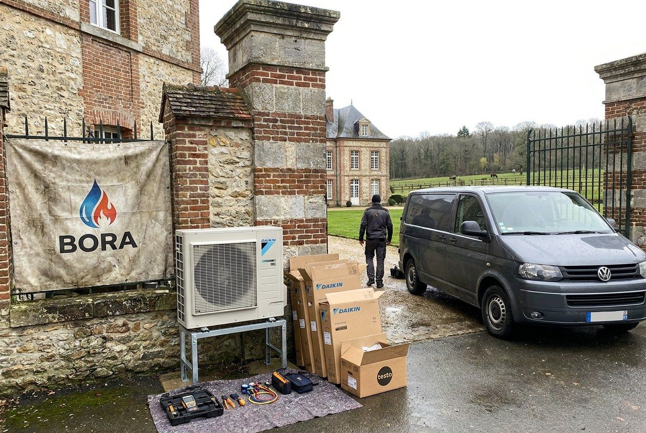 Banderole Bora accrochée à un pilier de portail en brique et pierre, unité sur support et cartons