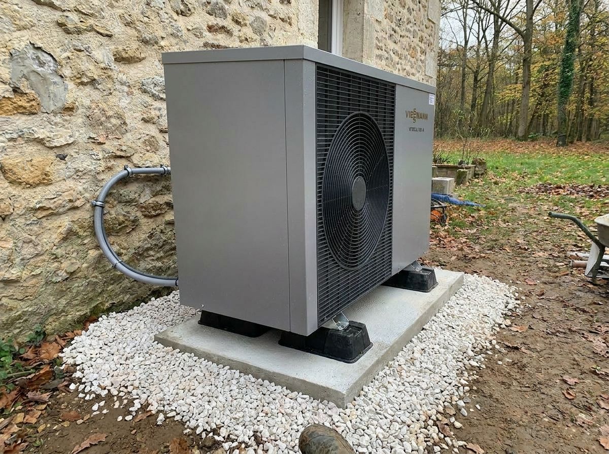 Après : unité Viessmann posée de niveau sur un socle béton avec plots antivibratiles et graviers blancs