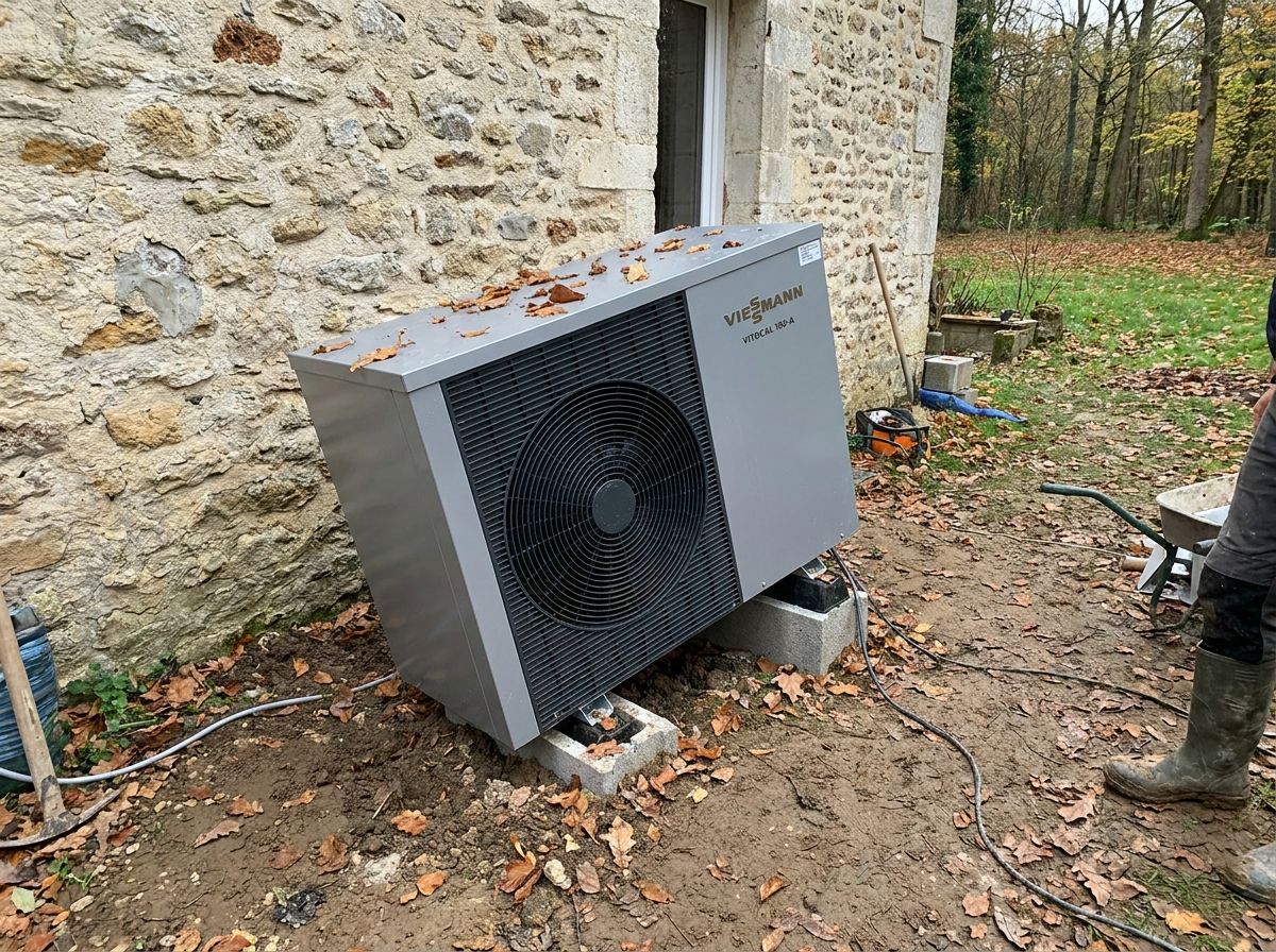 Avant : unité Viessmann posée de travers sur des parpaings dans la terre boueuse