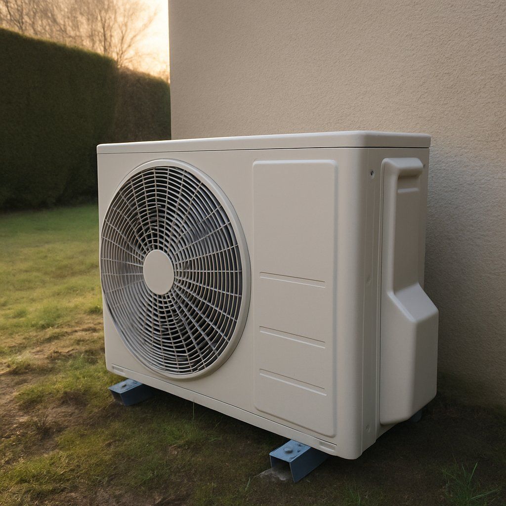Unité extérieure sur supports dans l'herbe au soleil couchant, haie derrière