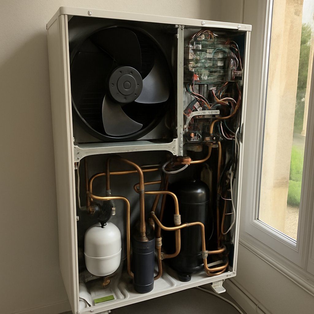 Unité de pompe à chaleur ouverte montrant ventilateur, compresseur et tuyauteries cuivre