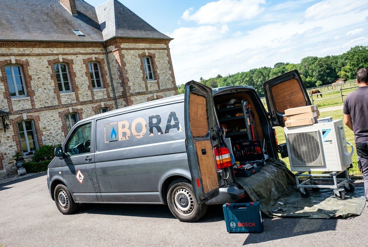 Fourgon gris Bora portes ouvertes devant une grande maison en pierre, unité de pompe à chaleur sur un chariot